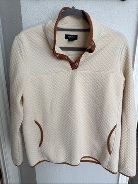 Jones New York Cream Quilted Zip-Up Sweater with Brown Trim